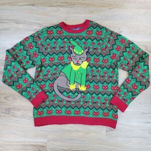 🩵33 Degrees Red & Green Elf Cat Christmas Sweater Men's XLarge